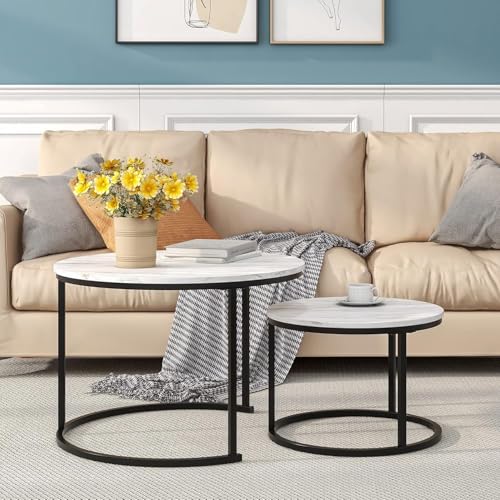 Round Nesting Coffee Table Set of 2 End Tables for Living Room, Faux Marble Coffee Table Wooden Accent Furniture with Metal Frame, Center Table for Home Office, Easy Assembly