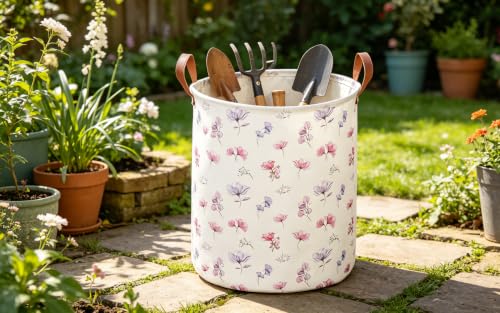 Image of 19.7'' Waterproof Foldable Laundry Basket, Dirty Clothes Hamper, Books Bins, Gift Baskets, Room Decor(Watercolor Flower)
