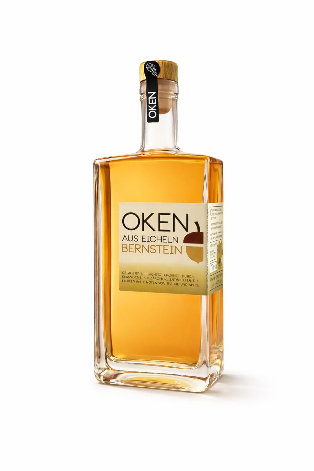 OKEN Bernstein Premium-Spirituose aus Eicheln – Reifung auf Akazien- und Eichenholz – Besonders mild im Geschmack – Von Hand hergestellte Spirituose – Schnaps Flasche 0.5 Liter