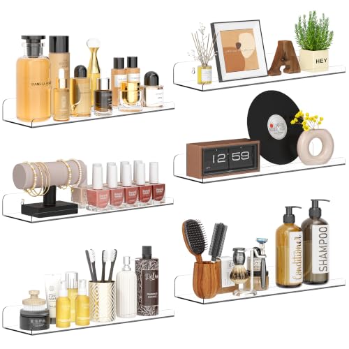 Image of Qukaka Floating Shelves for Wall Decor, 15 inch Extra Clear Wall Shelves for Bedroom, Living Room, Kitchen, Bathroom Decor, Nail Polish /Book /Decoration /Makeup /Perfume Organizer Floating Shelf-6Pack