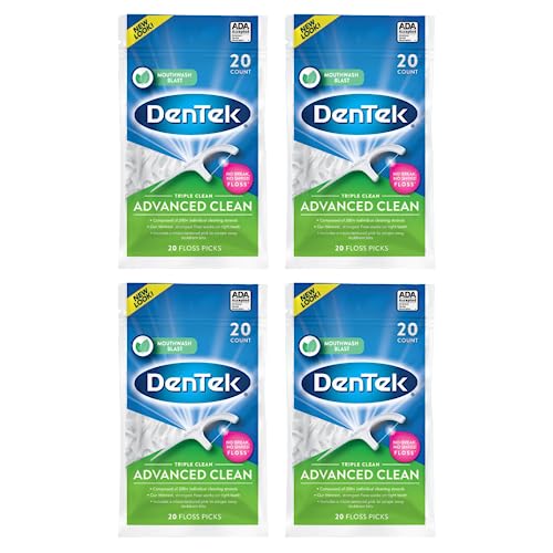 DenTek Triple Clean Advanced Clean Floss Picks No Break No Shred Floss Dental Flossers for Plaque Removal Mouthwash Blast Oral Care 20 Count (Pack of 4)