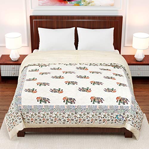 Image of 380 GSM Jaipuri Hand Block and Screen Elephants Printed Winter Cotton Double Bed Quilt Razai - King Size Multicolor, Rajai 88x105 inch