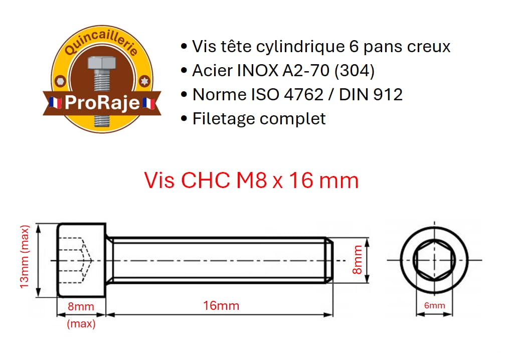 Screws Stainless Steel M8 x 16 mm Cylinder Head BTR Diameter 8 x 16 mm Screws M8 x 16 mm CHC Allen Key Stainless Steel A2-70 (V2A/304) ISO 4762 / DIN 912: Pack of 10 ProRaje - Image 3