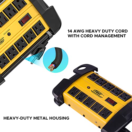 Image of CRST Heavy Duty Surge Protector Power Strip 10-Outlet Metal Industrial Power Strip with 2800 Joules, 15A Circuit Breaker, 14 Gague 6ft Extension Cord for Workshop, Garage, Office, School