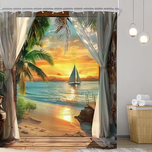 Image of Riyidecor Beach Shower Curtain 72Wx84H Inch Extra Long Beachy Seaside Ocean Sea Hawaiian Sunset Coastal Tropical Palm Tree Scenery Barn Door Bathroom Decor Fabric Polyester Waterproof 12 Pack Hooks