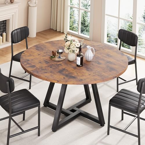 51“ Round Kitchen Dining Room Table for 6-8, Circle Dining Dinner Table with Pedestal Metal Frame, Space Saving Wood Industrial Furniture for Small Space (Rustic Brown, 51In) - Image 6