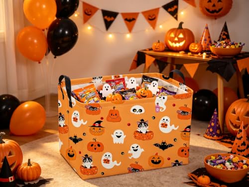 Image of Sanjiaofeng Rectangular Cat Halloween Basket Spooky Storage Bins,Gloomy Storage Basket with Handles.Clothers,Books,Party Gifts Bins.Halloween Party Baskets(Cute Cat)