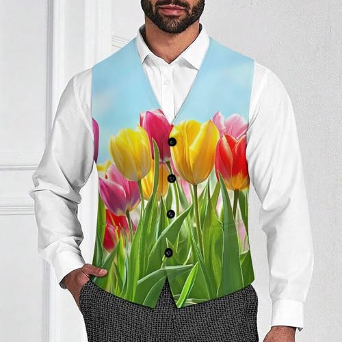 Colorful Tulip-floral Suit Vest for Men Waistcoat Dressy V Neck Button Down Sleeveless Business Jacket Coat4