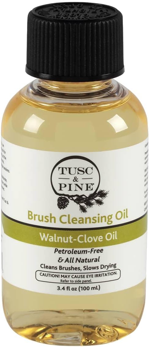 Tusc & Pine Brush Cleansing Oil - 100ml (3.4 Fl Oz) Walnut-Clove Oil Paint Brush Cleaner, Preserves Natural & Synthetic Brushes, Petroleum-Free, Conditions Bristles & Slows Drying, Made in the USA