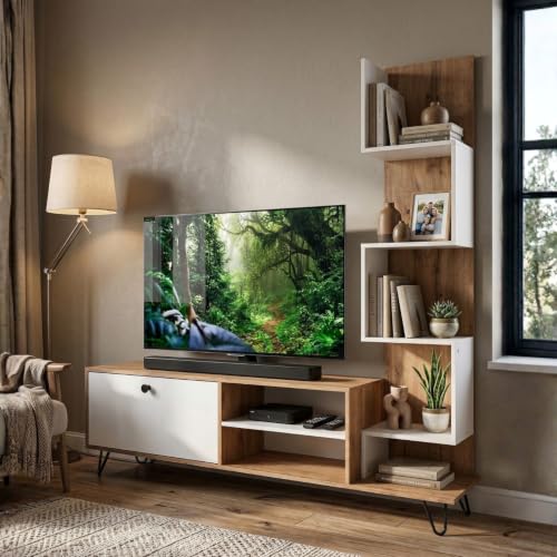 Image of FFO tv Unit for Living Room 43 inch with Storage & Display Shelves Wooden | Wooden Entertainment Center with Drawer & Open Rack | Industrial Metal Legs TV Stand for Living Room