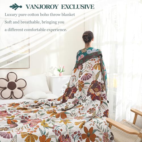 Boho Throw Blanket for Bed, 100% Cotton Muslin Soft Twin Throw-Floral Farmhouse Rustic Decor Blanket for Couch Sofa Quilt and Gift, 60" x 80"-BeigeWhite
