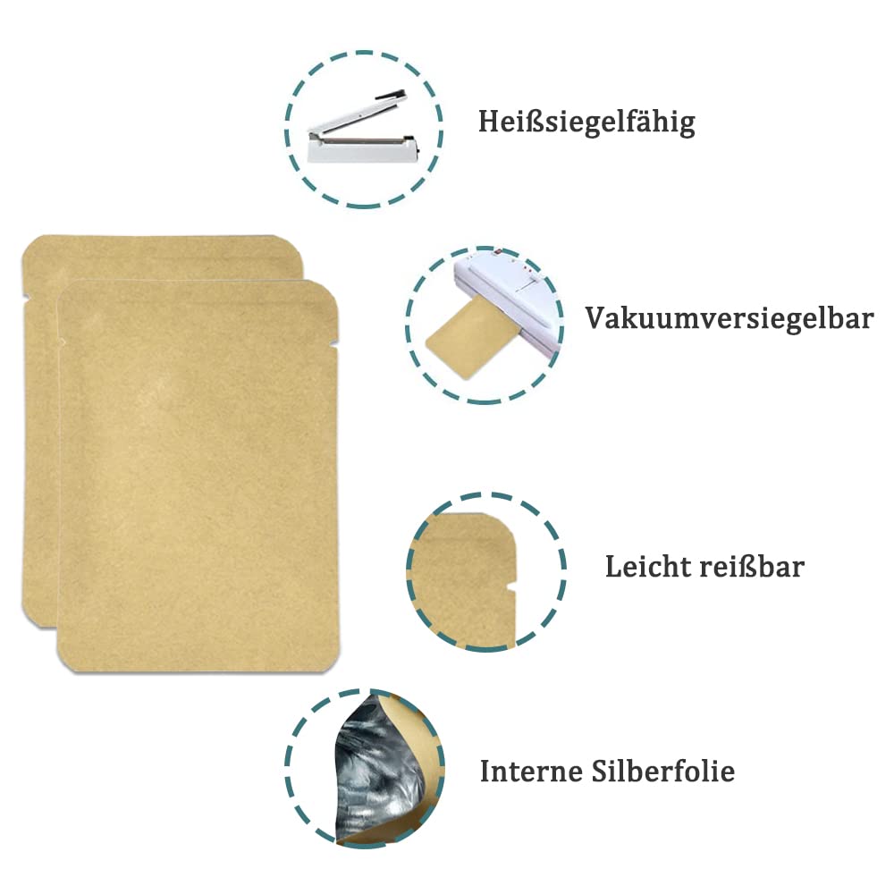 100 Stück Kraftpapier Vakuumverschließbare Beutel Mylar Folie Heißsiegelbeutel für Lebensmittelaufbewahrung mit Aufreißkerben 12x18cm (4.7x7.1 inch)