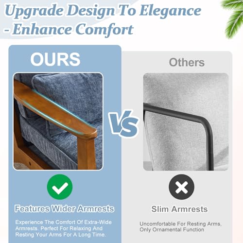 VINGLI Solid Wood Wide Armrests Accent Chair,Upholstered Mid Century Modern Chair with Pillow,Comfy Reading Chair Farmhouse Arm Chair,Chairs Living Room,Bedroom,Guest Room,Chenille Fabric,Dark Blue - Image 3