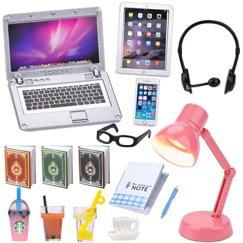 Pipihome 15 Pcs Miniature Dollhouse Accessories Ordinateur Portable Tablette Téléphone Lampe Livre Lunettes Café Casque Simulation Accessoires pour Maison de Poupée,...