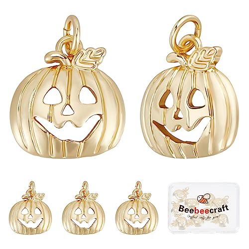 Beebeecraft 1 Box 10Pcs Halloween Charms 18K Gold Plated Pumpkin Charms Jack O Lantern Pendant Findings for DIY Key Chain Necklace Bracelets Jewellery Making
