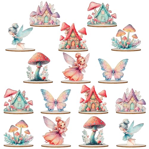 VercanMonth 16 Pcs Fairy Party Decorations Wooden Fairies Centerpieces Table Topper Vintage Fairies Mushroom Butterfly Decorations for Home Table Woodland Forest Birthday Party Decor
