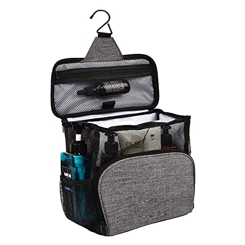 Upgrade Toiletry Bag Travel Bag with Hanging Hook,Hanging Shower Caddy Tote Bags|Water-resistant Easy Dry Fabric PVC Mesh Toiletry Bags for College Dorms,Gym,Camp,Women,Men (Grey)