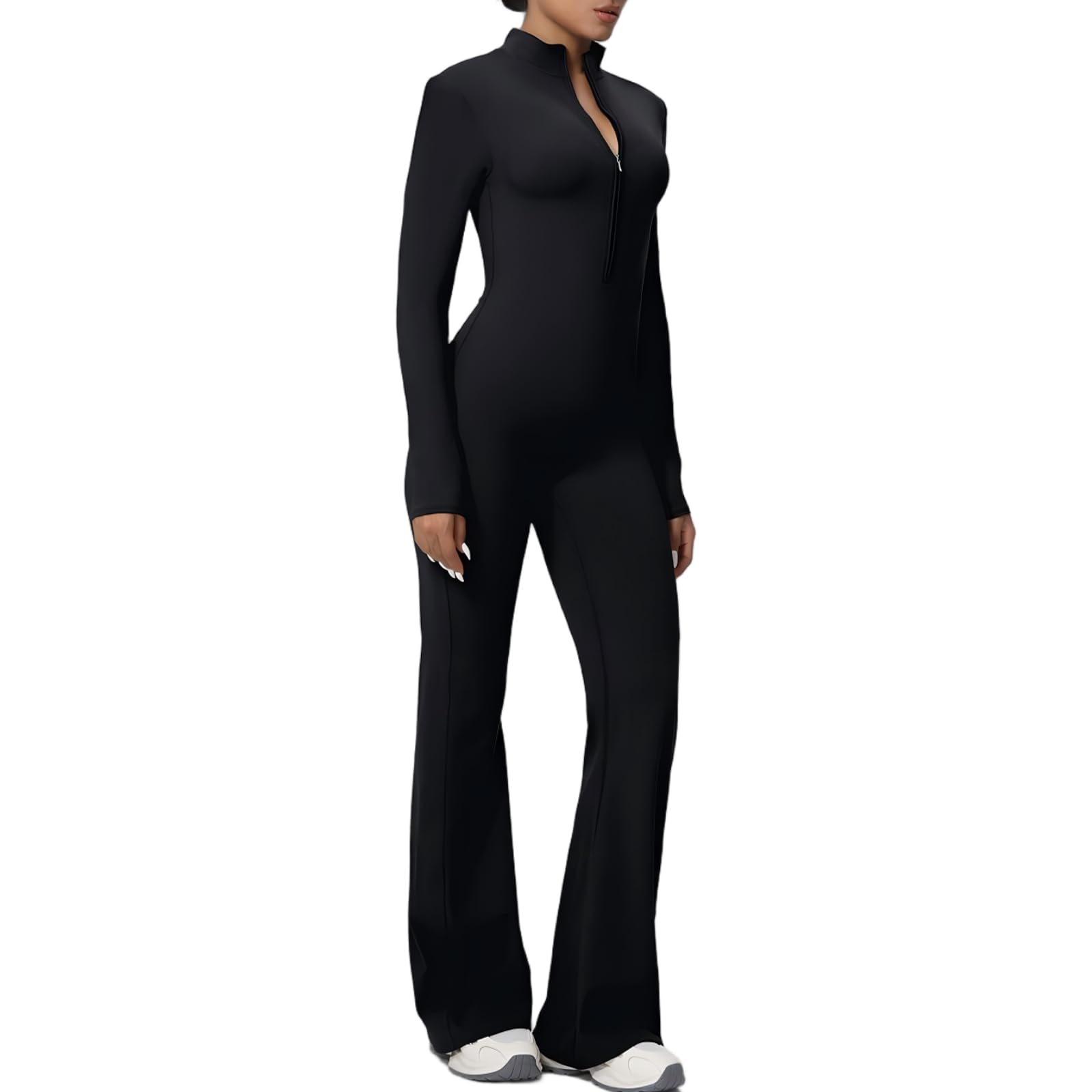 Tuta da allenamento da donna con cerniera e scollo a V, a maniche lunghe, svasata, tuta elastica per sport, palestra, abbigliamento sportivo e fitness quotidiano