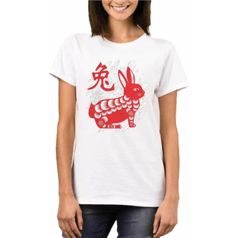 Chinese Zodiac Symbol T-Shirt for Women-Round Neck Short Sleeve Cotton Tshirt - Printed Design Tshirt for Celebrations-Perfect for Everyday Wear