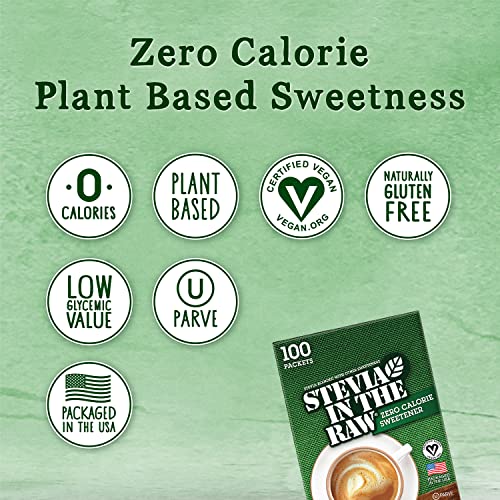 Stevia In The Raw, Plant Based Zero Calorie, No Erythritol, Sugar Substitute, Sugar-Free Sweetener For Coffee, Hot & Cold Drinks, Suitable For Diabetics, Vegan, Gluten-Free, 100Count Packets (1 Pack) #TOP2
