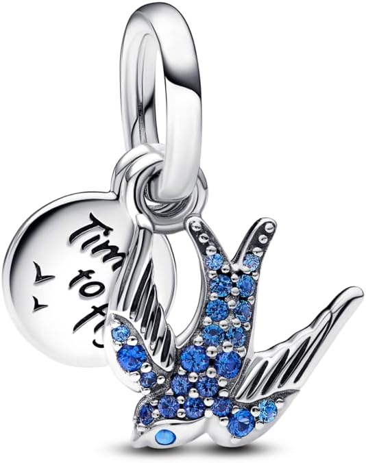 PANDORA Sparkling Swallow & Quote Double Dangle Charm - Compatible Moments Bracelets - Jewelry for Women - Gift for Women in Your Life - Made with Sterling Silver & Man-Made Crystal, No Gift Box