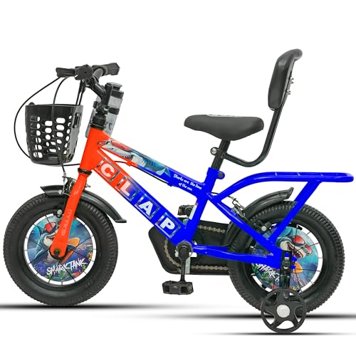 Image of Shark Tank 12T Kids Bicycle for Boys & Girls with Training Wheel, Front Basket, PU Soft Seat with Backrest, Full Chain Cover & Stylish Wheelcards (Orange /Blue, 12T)