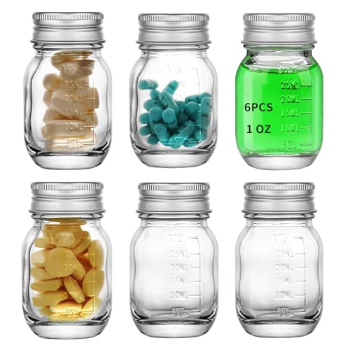 eispap 6Pcs Glass medicine bottles 1oz 30 ml Glass Reagent Bottles Transparent Sample Jar Wide Mouth Screw Cap with Scale for Home Argent Lid (6)