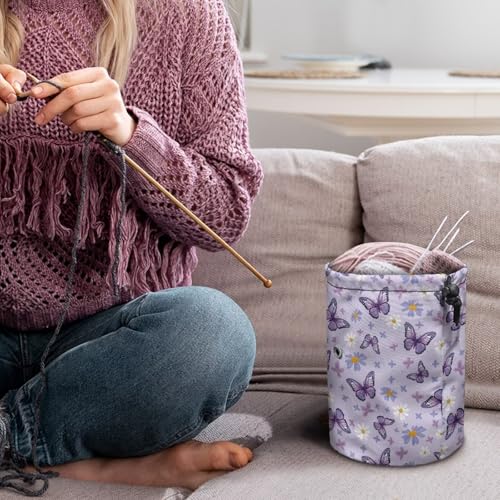 Image of Sellikakes Purple Butterfly Yarn Bag Crochet Storage Organizer, Knitting Crochet Storage Bag for Crocheting Project, Store Skein Ball, Short Knitting Needle Sewing Supplies Accessories