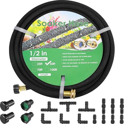 MAMIZO Soaker Hose Kit 50 ft 1/2 Solid Brass Connectors Rubber Longer Lasting Heavy Duty Drip Hose to Save 70% Water Soaker Hose for Garden Lawn and Yard