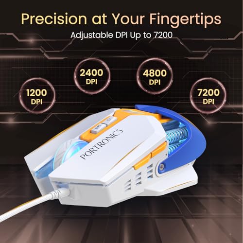 Image of Portronics Vader 2.0 Wired Gaming Mouse with 7 Programmable Button Control, Adjustable DPI Upto 7100 Gaming Grade, 10 Million Clicks, RGB LED Lights, Ultra-Responsive 7000fps,1.5M Cable (White)