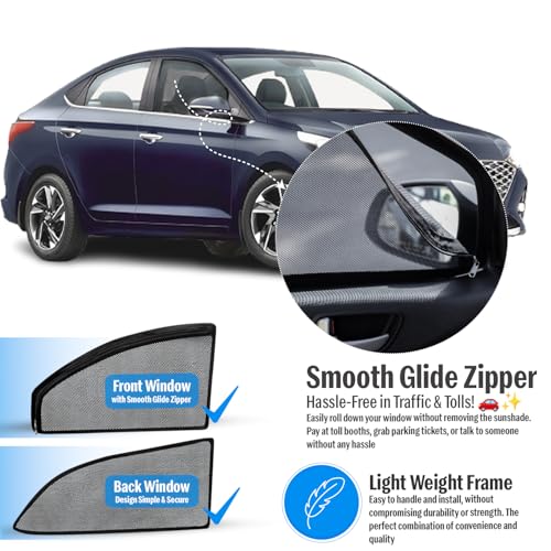 Image of Autofact Magnetic Car Sunshades Compatible with Hyundai NexGen Verna (2017 to 2022) (Set of 4) - Easy Installation, UV Protection, Keeps Car Cool (Front 2 with Zippers, Rear 2 Without Zippers)