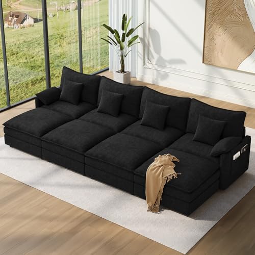 Image of Vesgantti 142 inch Oversized Sectional Sofa Bed, 8-Seater Modular Sleeper Cloud Couch with Movable Ottoman, Chenille Convertible Sofa Set Deep Seat Couches for Living Room, Bedroom and Apartment, Black