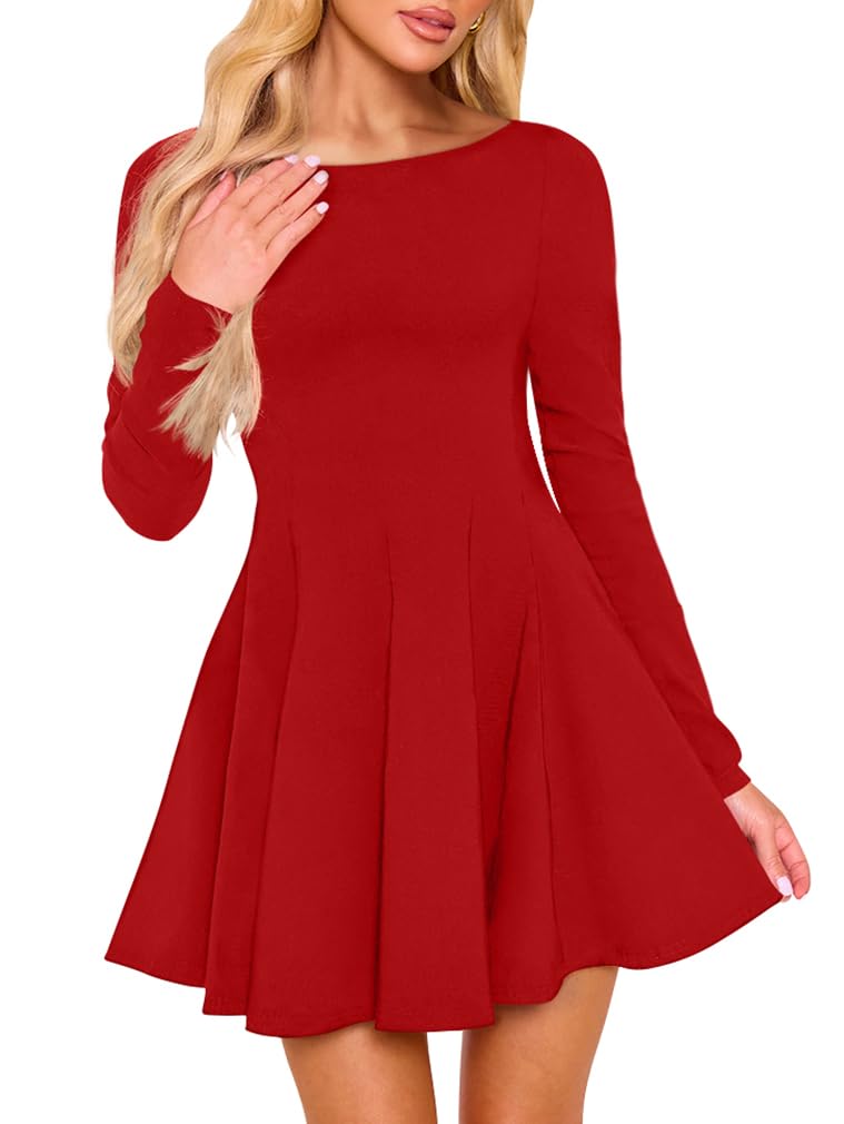 XXTAXN Womens Sexy Crew Neck Long Sleeve Ruffle Hem Cocktail Party Corset Mini Dress