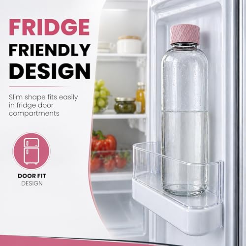 Image of Rioware Glass Water Bottle 1 Litre | Airtight lid | Leak Proof | Silicon Cap | Fridge Water Bottles for Home, Office & Gym (1 Ltr- Pack Of 1, Pink)
