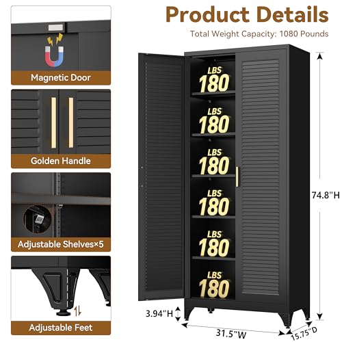 Image of Polup 75 inch Metal Storage Cabinet with Doors and Shelves, Black Kitchen Pantry Cabinet, 6-Tier Freestanding Tall Storage Cabinet for Garage, Office, Bathroom, Laundry Room, Dining Room