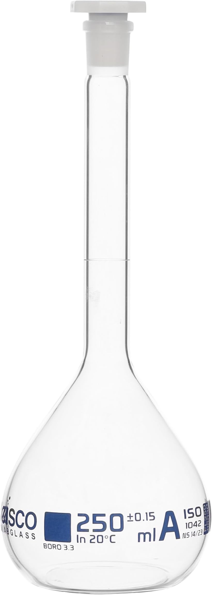 Volumetric Flask, 250mL - Class A - Borosilicate Glass, Polyethylene Stopper, 14/23 Socket - QR Code Marking for Calibration Certificate - Eisco Labs