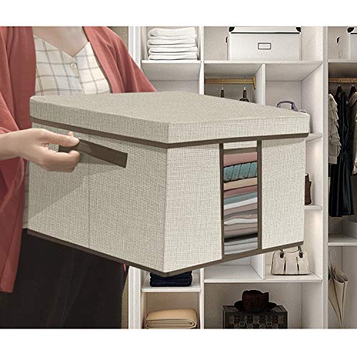 Storage Bins with Lids for Closet 3pk - Foldable Clear Toy Chest Boxes with Handles,Extra Large Linen Organizer Containers Baskets for Pantry,Shelves and Bedroom(Beige)
