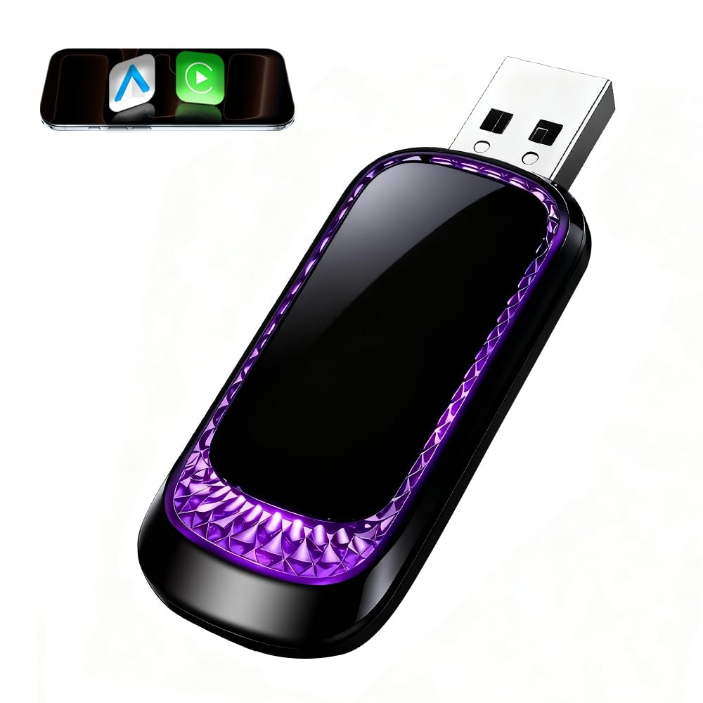 Wireless CarPlay Adapter for iPhone, Apple CarPlay & Android Auto, Mini 7-Color Ambient Light Car Play Dongle, Converts Wired to Wireless, Compatible