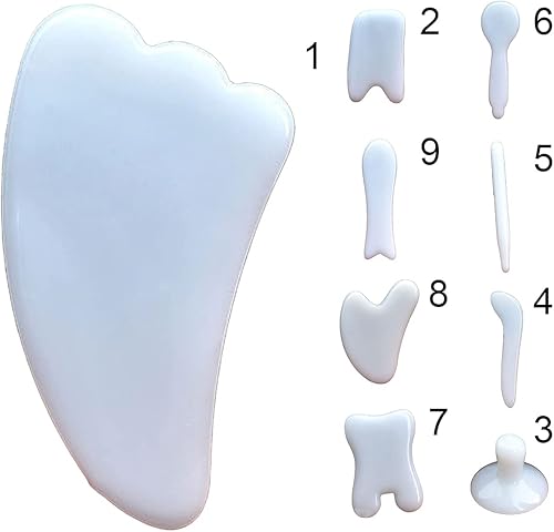 Miniatura 4 de Herramienta facial GuaSha, Guasha suministra múltiples formas blanco Faux Jade masaje Junta herramientas para la piel