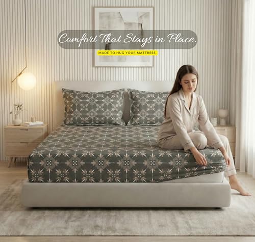 Image of VAS COLLECTIONS 300 TC Premium Cotton Fitted Bedsheet Set Double Bed 78x72+10 Inch | Soft Breathable Sheet with 2 Pillow Covers | Luxury Printed Bedding | Elegant Durable Bed Linen (Graphite)
