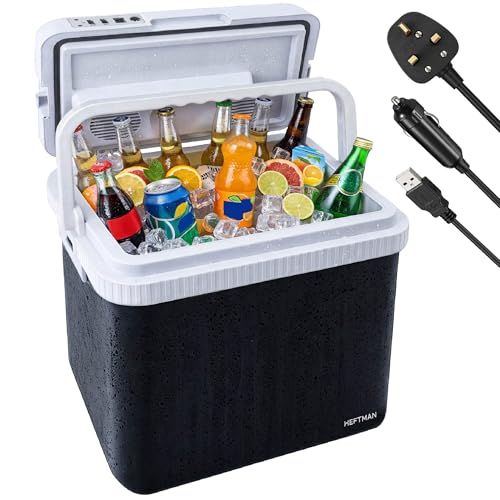 HEFTMAN 24L Electric Cool Box - Electric Cooler Box 12V 240V with Mains Plug USB-A Cable & 12V Car Plug Hot & Cold Functions Insulated Portable Plug in Cool Box for Car Camping Travel & Home Use