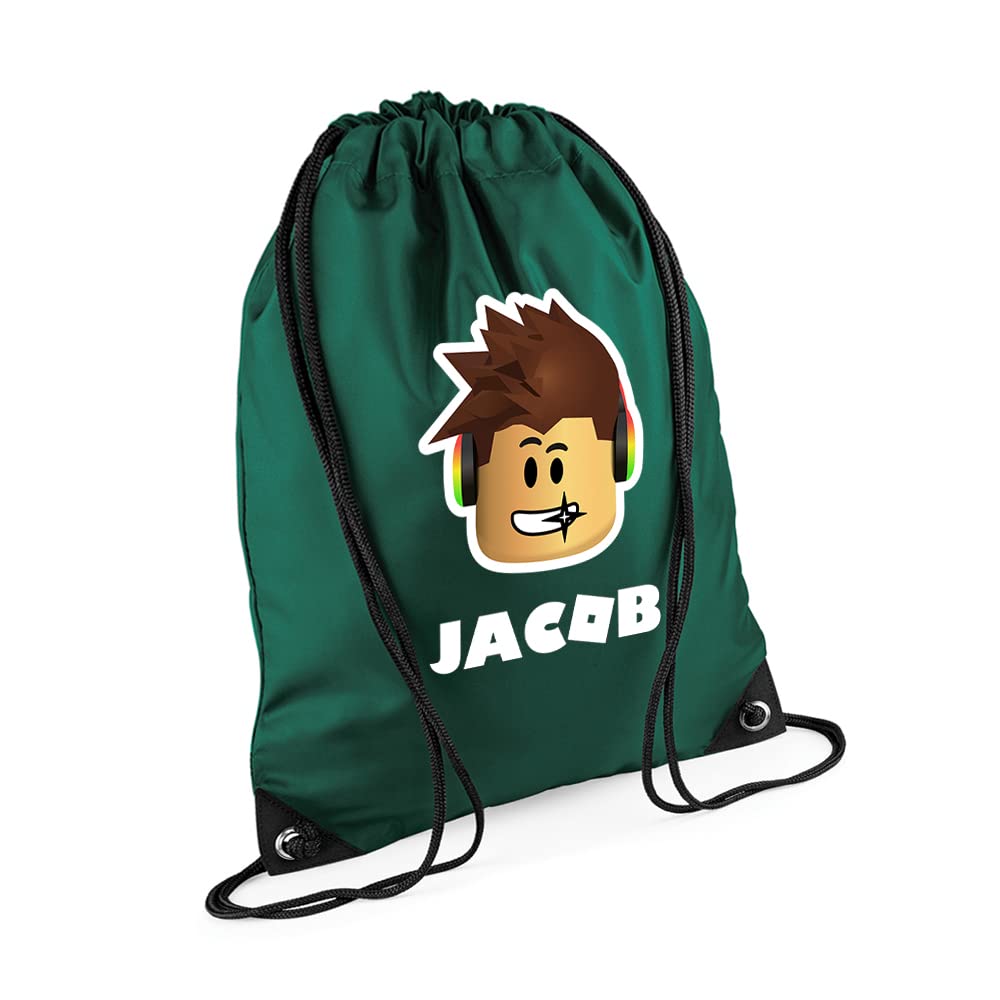 Cartoon Character Bag For Kid, Personalised Backpack, Ro blox Face, Gift For Kids, Boy, Gift For Brithday Drawstring Bag, PE Gym Kit Swimming, Sport Rucksack. (Bottle Green)
