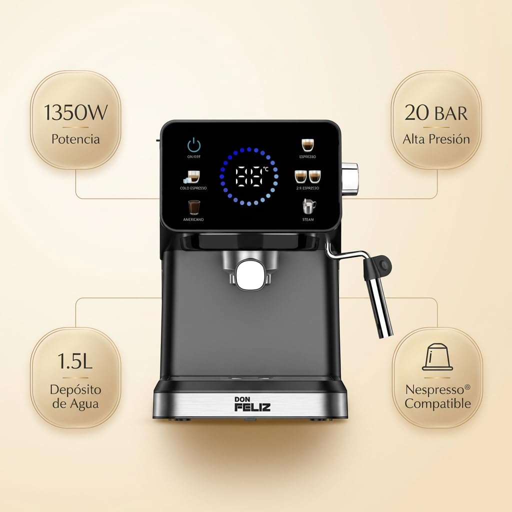 Don Feliz Máquina de café Digital, 20 Bar, 1350W, Cafetera Compatible con cápsulas Nespresso, Pantalla LCD, Vaporizador Acero Inoxidable, Depósito 1.5L