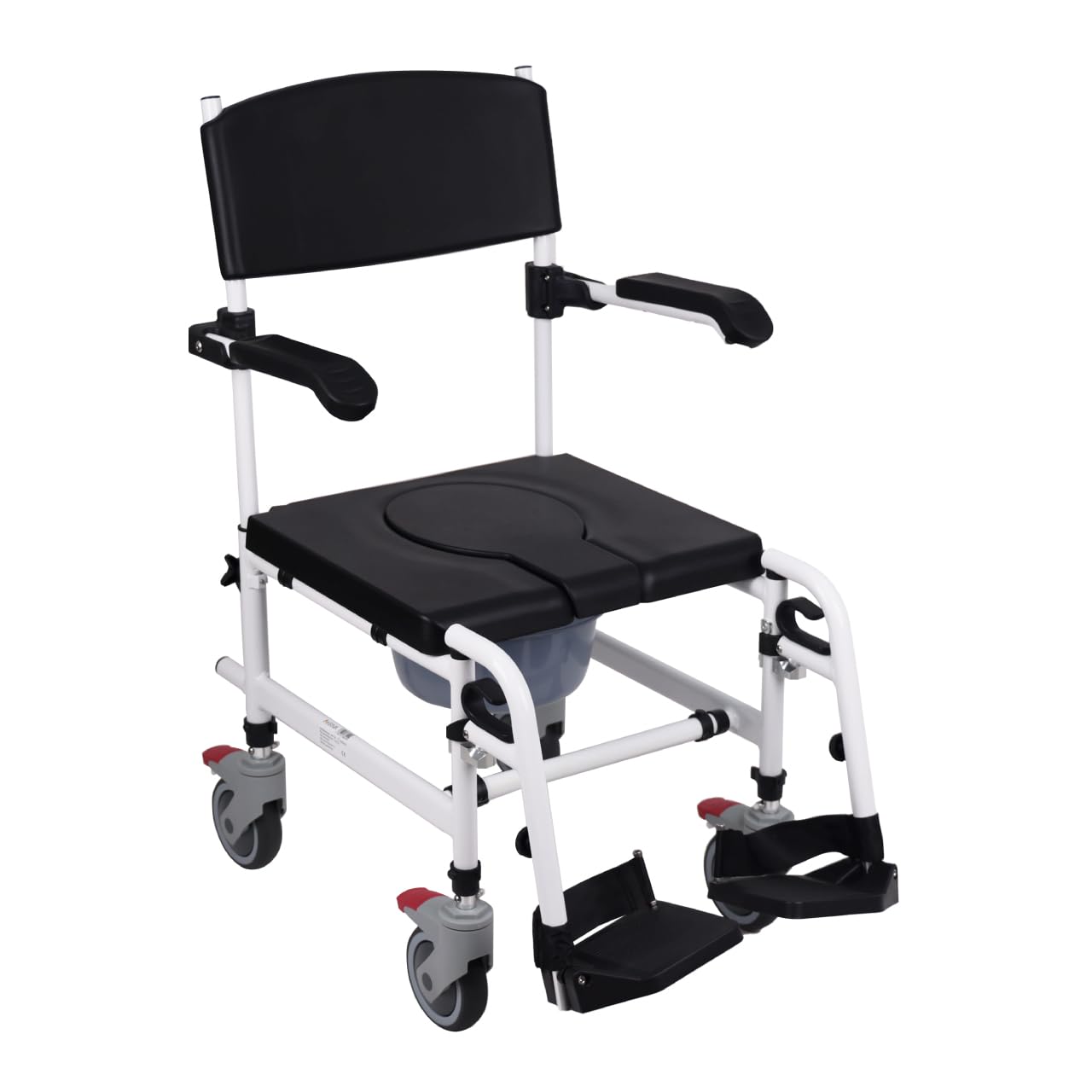 Akriva fahrbarer Toilettenstuhl mit verstellbarer Sitzhöhe aus Aluminium mit gepolsterter Sitzfläche und Eimer - Toilettenrollstuhl - Zimmerrollstuhl - WC-Rollstuhl