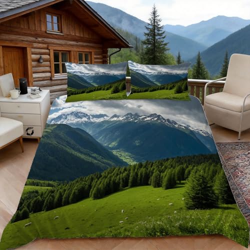 Housse de Couette 200x200 Les Montagnes, 2 Personnes, Parure de Lit Style Montagne Microfibre avec 2 x Taie d'oreiller 65x65 cm avec Fermeture éclair