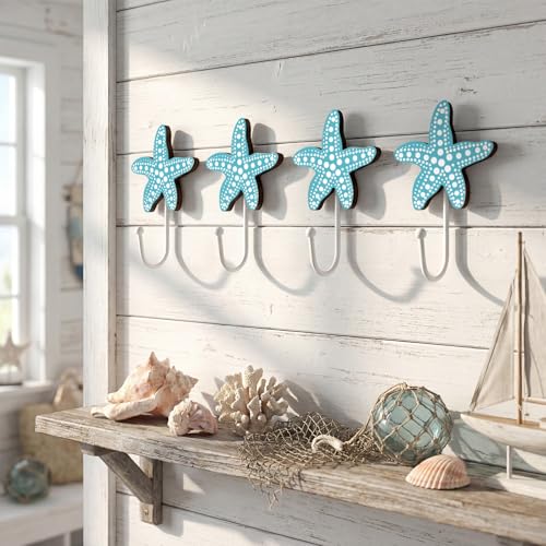 Weysat 4 Pcs Nautical Sea Starfish Wall Hooks Starfish Wall Mounted Key Holder Nautical Bathroom Decor Summer Rustic Decorative Hook for Living Room Bathroom