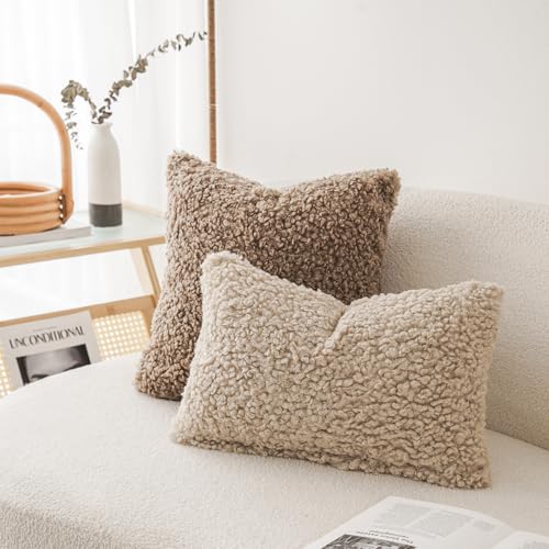 Image of Foindtower Set of 2 Curly Teddy Wool Pillow Covers Decorative Boucle Textured Lumbar Throw Pillow Faux Fur Pillowcases Sheepskin Cushion Case for Sofa Bedroom Car 12 inchx20 inch Light Khaki