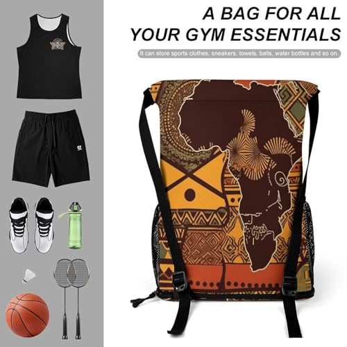 Drawstring Gym Backpack with Shoe Compartment And Wet Pocket, 28L Lightweight Waterproof African Map Ethnic Sports Backpack for Workout Swim Beach Travel String Bag for Men Women3
