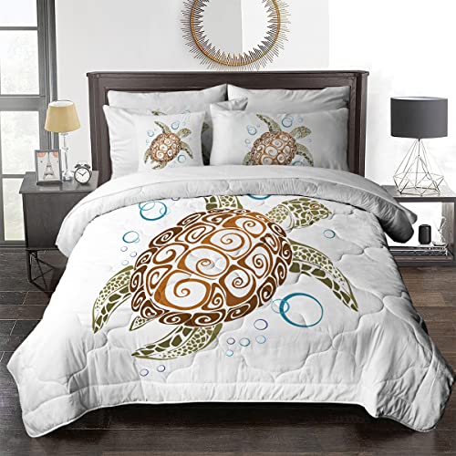 BlessLiving Sea Turtle Bed Set - Mandala Turtle Bedding - 1 Comforter, 2 Shams, 1 Flat Sheet, 1 Fitted Sheet, 1 Cushion Cover, 8 Piece, Twin, White