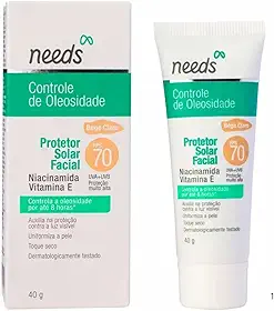 Needs Protetor Solar Facial FPS 70, Controle de Oleosidade, Bege Claro, com Niacinamida e Vitamina E, 40g